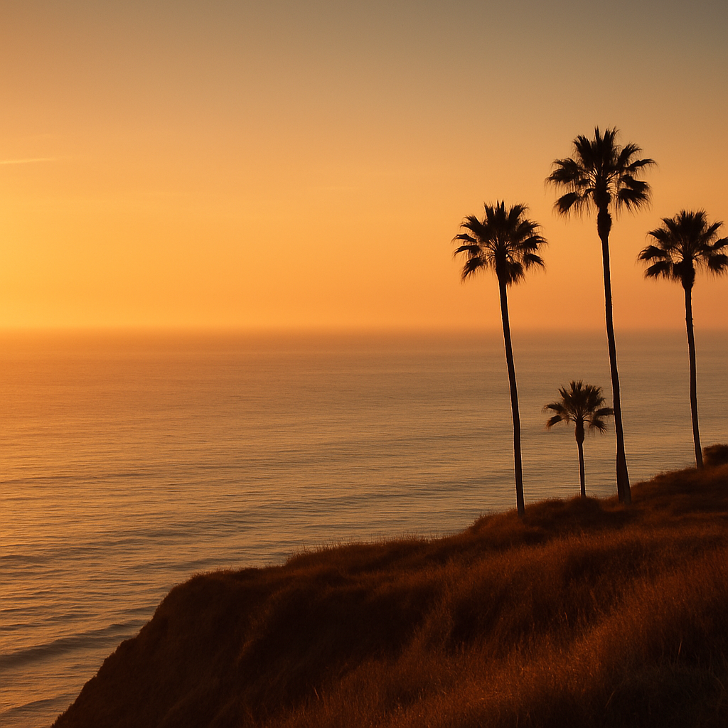 The Long Beach bluff at golden hour overlooking the Pacific Ocean