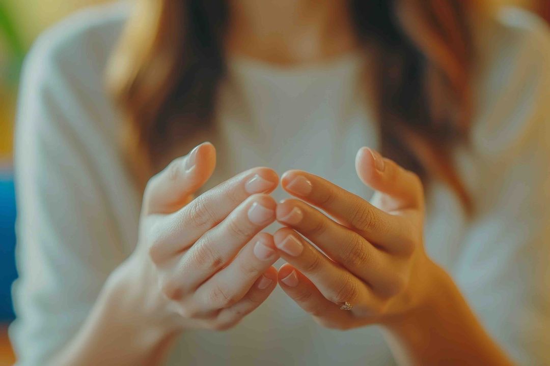 A woman's cupped hands resting open in warm light
